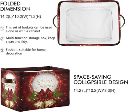 Red Bells Basket Decor Xmas Winter Holly Storage Bin Fabric Storage Box Cube with Handles Large Kids Toys Clothes Organizer for Nursery Bedroom