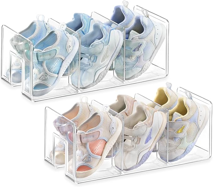 HBlife Widened 4.17 Inch Clear Acrylic Kids Shoe Rack for Closet Organizers and Storage, Small Shoe Rack 3 Sections Toddler Baby Shoe Storage Organizer Shelf, Desk File Book Purse Organizer(2 Pack)