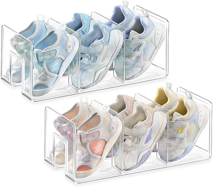HBlife Widened 4.17 Inch Clear Acrylic Kids Shoe Rack for Closet Organizers and Storage, Small Shoe Rack 3 Sections Toddler Baby Shoe Storage Organizer Shelf, Desk File Book Purse Organizer(2 Pack)