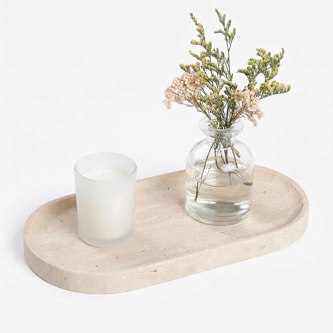 Beige Travertine Vanity Tray | Natural Stone Bathroom Organizer | Perfume & Jewelry Storage for Spa, Bedroom, Kitchen | Non-Slip Waterproof Design,9.8"x4.7"x0.6"