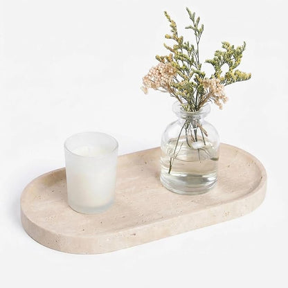 Beige Travertine Vanity Tray | Natural Stone Bathroom Organizer | Perfume & Jewelry Storage for Spa, Bedroom, Kitchen | Non-Slip Waterproof Design,9.8"x4.7"x0.6"