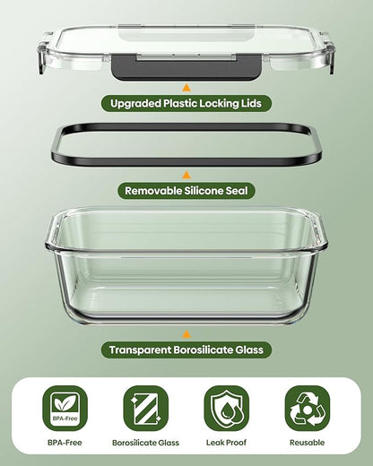 KEMETHY 40 PCS Glass Food Storage Containers with Lids(20 Container & 20 Lid), Borosilicate Glass Meal Prep Containers for Kitchen Storage and Organization, BPA-Free, Leak Proof, Reusable