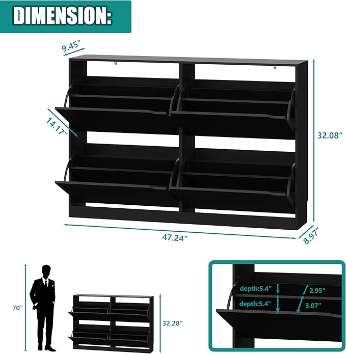 Xixini Shoe Storage Cabinet for Entryway with 4 Flip Drawers, Sturdy Wood Hidden Shoe Storage, Freestanding Narrow Slim Shoe Organizer for Front Door Entrance, Living Room, Hallway, Bedroom, Black