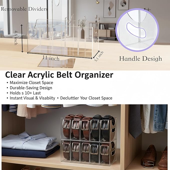 Belt Organizer,Acrylic Belt Organizer for Closet with Removable Dividers 5 Compartments & Handles Drawer organization and storage for Purse,underwear, Socks,and Ties (2pack)