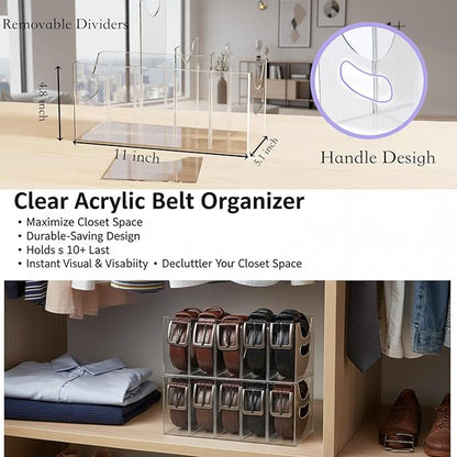 Belt Organizer,Acrylic Belt Organizer for Closet with Removable Dividers 5 Compartments & Handles Drawer organization and storage for Purse,underwear, Socks,and Ties (2pack)