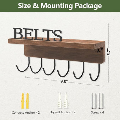 Belt Hanger Organizer for Closet, Wall Mount Belt Rack, Wooden Belt and Tie Organizer for Stores and Displays Mens Accessories (Length 9.8”) Brown