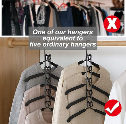 Clothes Hangers Space Saving: 4 Pack 5 in 1 Multi Layer Metal Hanger Racks Non-Slip Foam Padded Heavy Duty Thick Magic Hanger Closet Organizers and Storage for Coat Sweater Suit T-Shirt.
