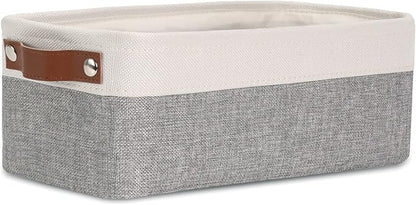 DULLEMELO Fabric Bathroom Storage Bin with Leather Handles, Narrow Organizer for Towels, Toilet Paper Rolls, Storage Basket for Back of Toilet, Vanities, Shelves & Cabinets (White&Gray)