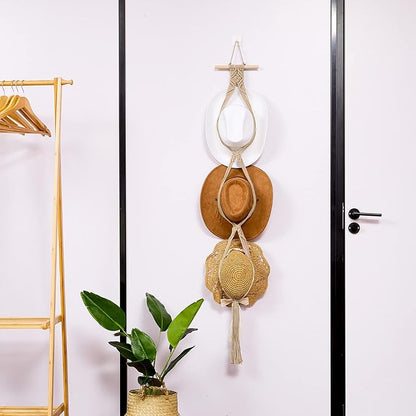Yulejo Macrame Hat Hangers Racks Boho Cowboy Hats Holders Western Display Organizer Storage decor Back of Door for Wall(Beige,Three Hats Style)