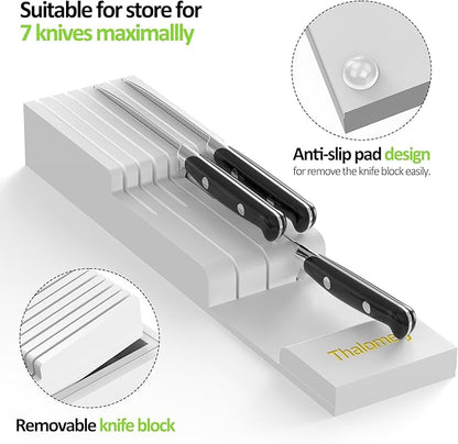Bamboo Kitchen Drawer Organizer, Expandable Silverware Organizer with Removable Knife Block, 6-8 Slots- Utensil Holder & Cutlery Tray Drawer Dividers, 2.36" Deep for Extra Capacity, White