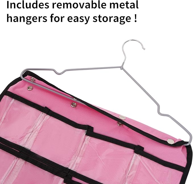 Closet Hanging Organizer, Dual Sided Hanging Wardrobe Storage Bags, 42 Clear Pockets Storage Hanger for Jewelry Socks Underwear (Pink)