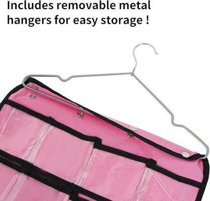 Closet Hanging Organizer, Dual Sided Hanging Wardrobe Storage Bags, 42 Clear Pockets Storage Hanger for Jewelry Socks Underwear (Pink)