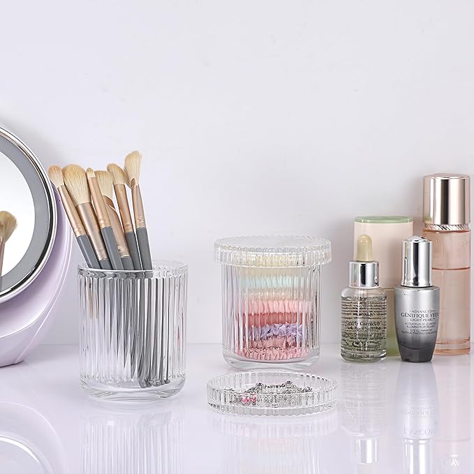 2 Pack Glass Qtip Holder with Lid, Qtip Dispenser Bathroom Storage Jars- Glass Apothecary Jars for Cotton Ball, Swab, Pads, Floss Picks, Bathroom Accessories Organization and Vanity Organizer(Clear)