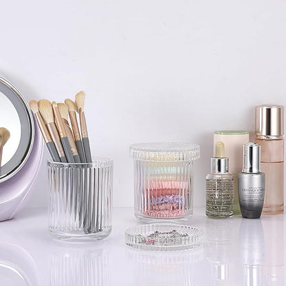 2 Pack Glass Qtip Holder with Lid, Qtip Dispenser Bathroom Storage Jars- Glass Apothecary Jars for Cotton Ball, Swab, Pads, Floss Picks, Bathroom Accessories Organization and Vanity Organizer(Clear)