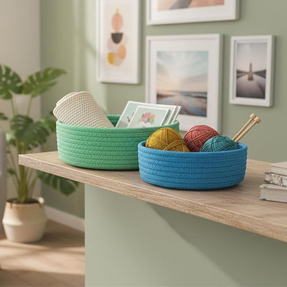 6 Pack Woven Storage Baskets for Organizing, Cotton Rope Rainbow Baskets for Shelves, Cute Colorful Cubby Round Bins, Home Decor Closet Organizer