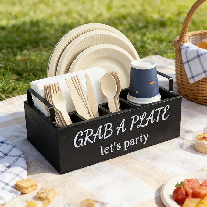 Paper Plate Holder, Utensil Caddy Organizer, Wood Paper Plate Dispenser, Silverware Caddy Holder, and Disposable Coffee Bar Accessories Box for Kitchen Counter, Party, Camping, Picnic (6 compartment)