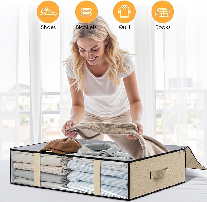 StorageRight Under Bed Storage Bags 2 Pack, 40L Large Clothes & Comforter Storage Containers with Clear Window, Breathable Fabric Organizer for Blankets, Bedding, Seasonal Clothing, Beige