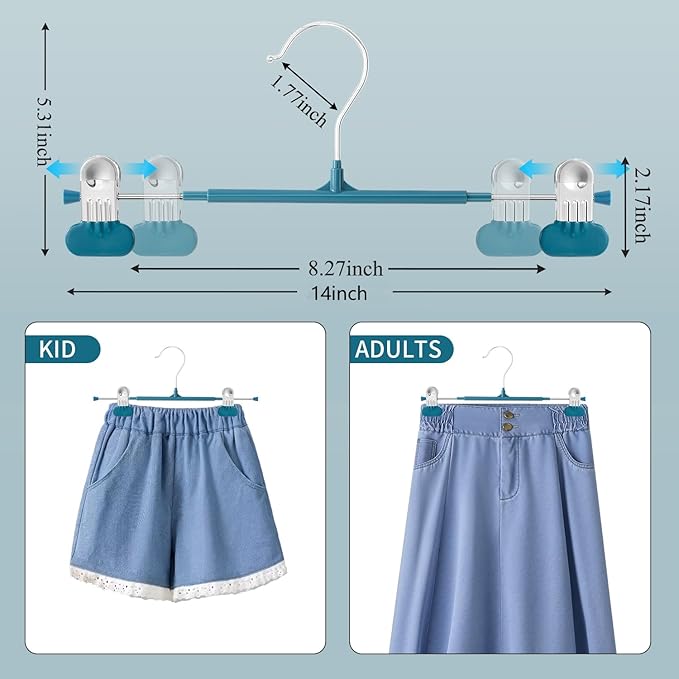 14Inch Clothes Pants Hangers with WideClips 10 Pack,Non-Slip Adjustable Skirt Hanger for Women,Space-Saving Heavy Duty Men Hangers for Pants,Trousers,Jeans,Shorts,Blue