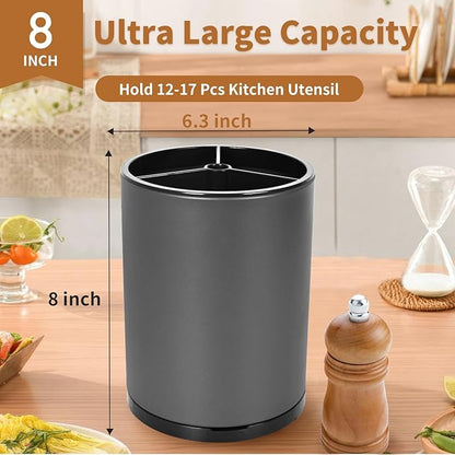 Nigelia Extra Large Kitchen Utensil Holder - 360° Rotating Stainless Steel Cooking Utensil Holder for Countertop, 3 Compartment Flatware Organizer & Utensil Caddy with Removable Base（Grey）