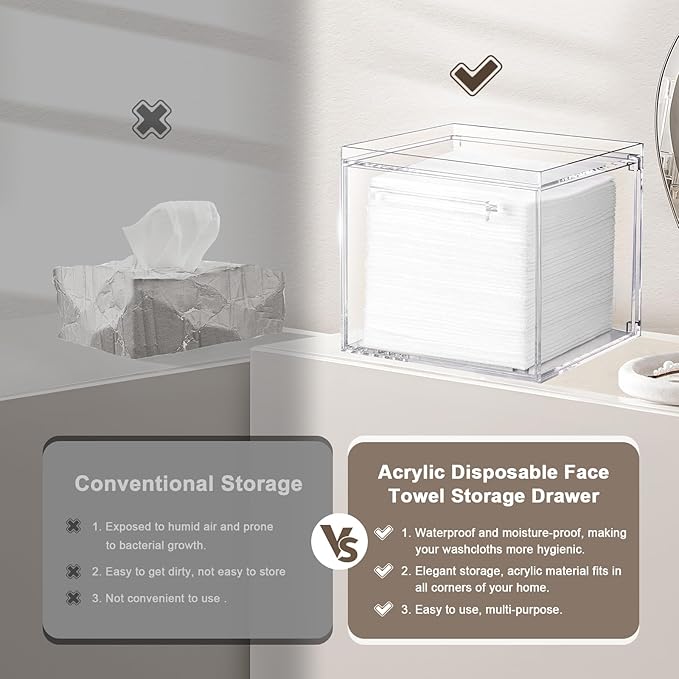 Disposable Facial Towels Storage Box - Acrylic Container Compatible With Clean Skin Club Clean Towel XL - Wall-Mounted Makeup Organizer With Drawer Valentine's Day Gifts
