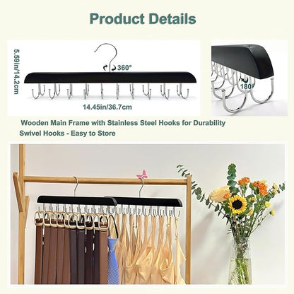 2 Pack Belt Hanger for Closet Organizer,Wooden Belt Storage Organizer with 20 Metal Hooks for Space Saving,Foldable Belts Holder for Belts,Tank Tops,Ties(Black)