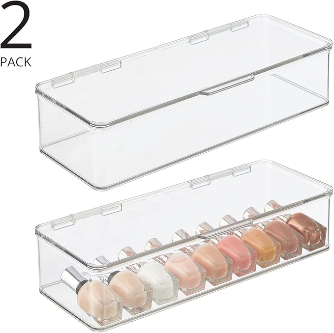 mDesign Makeup Storage Stackable Organizer Box for Bathroom Vanity, Countertops, Drawers - Holds Blenders, Eyeshadow Palettes, Lipstick, Lip Gloss, Makeup Brushes - Hinged Lid - 2 Pack - Clear