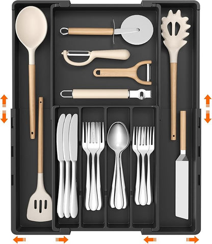 Lifewit Silverware Drawer Organizer, Expandable Utensil Tray for Kitchen, BPA Free Flatware and Cutlery Holder, Adjustable Plastic Storage for Spoons Forks Knives, 4-7 Slots, Black