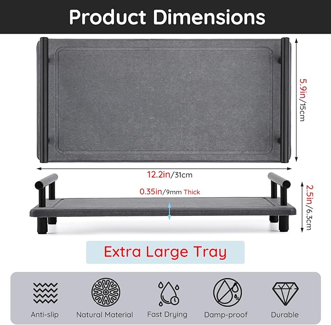 Segbeauty 12x6in Large Vanity Tray, Instant Stone Drying Mat for Bathroom Kitchen Counter, Diatomaceous Fast Dry Soap Organizer With Handle