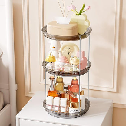 Delamu 3 Tier Rotating Makeup Organizer for Vanity, Skincare Organizer for Bathroom Counter, Spinning Perfume Organizer Cosmetic Holder with Large Capacity, Grey