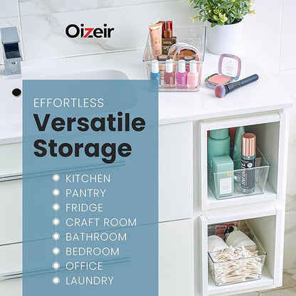 Oizeir Clear Pantry Organizer Bins 4-Pack - Fridge Organizer with 3 Removable Dividers - Kitchen Pantry Organizers & Storage - Storage Cabinet Snack