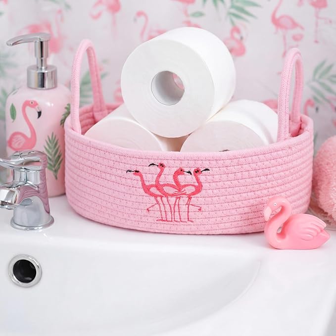 Vesici Pink Flamingo Woven Storage Basket for Toilet Tank Top Boho Cotton Rope Bathroom Countertop Organizer Basket with Handle Pink Bathroom Decor for Bedroom Nursery Toys Organizing, 13 x 6 x 4 Inch