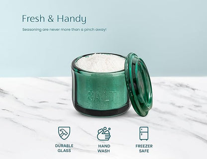 KooK Glass Salt Cellar, with Lid, Embossed Pressed Glass, Clear Storage Container, for Coffee, Sugar, Spices and Candies, 10 oz (Emerald Green)