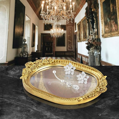 GUOER Vintage Antique Decorative Bathroom Vanity Tray Decor Mirror Tray for Dessert Table Coffee Table Vanity Home Decor Serving Tray with Handle Gold