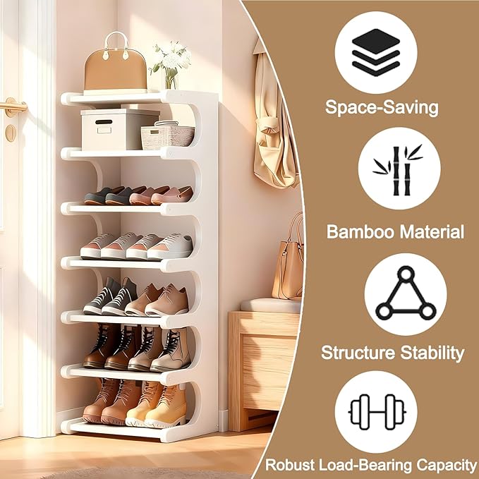 Vertical Shoe Rack 7 Tier, Bamboo Narrow Shoe Rack for Small Spaces, Freestanding Shoe Storage Organizer for Entryway Closet, Space Saving Skinny Shoe Shelf