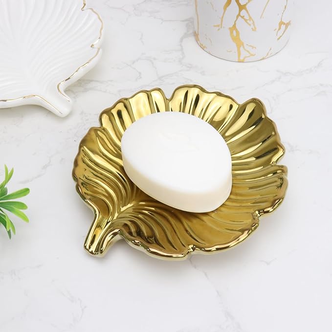 Gold Leaf Bathroom Soap Dish,Ceramic Soap Dish Holder in Palm Leaf Style,Self Draining Design and Used to Hold Various Small Bathroom and Kitchen Accessories