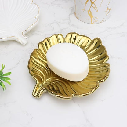 Gold Leaf Bathroom Soap Dish,Ceramic Soap Dish Holder in Palm Leaf Style,Self Draining Design and Used to Hold Various Small Bathroom and Kitchen Accessories