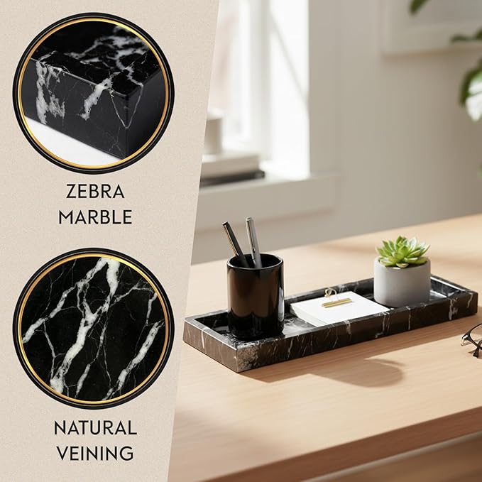 Bey-Berk Atticus Black Zebra Marble Bath Tray, 14.25" Rectangular Vanity Organizer, Bold Stone Accent