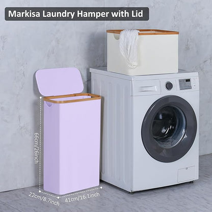Slim Laundry Basket,60L Laundry Hamper with Lid, Tall Hamper for Laundry,Dirty Cloth Hamper with Bamboo Handle for Towels, Clothes Organizing,Purple