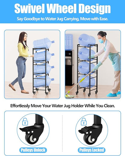 4 Tier 5 Gallon Water Jug Holder with 4 Lockable Wheels - Water Bottle Rack Organizer with Movable Casters, Heavy Duty Water Storage Rack Dispenser Stand for Kitchen Office Garage/Black