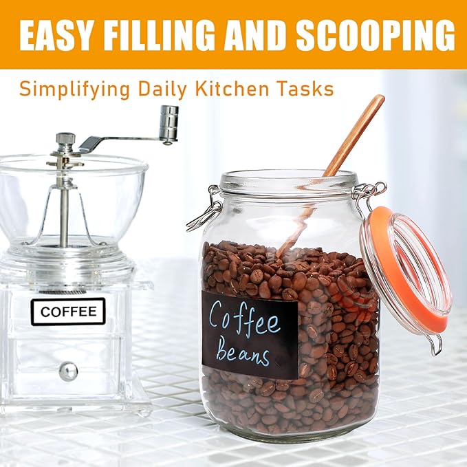 50oz Glass Jars with Clamp Lids,Set of 4,1500ml Square Wide Mouth Mason Jars with Airtight Lids,Large Glass Storage Container with Clip Lid for Kitchen,Flour,Pasta,Beans