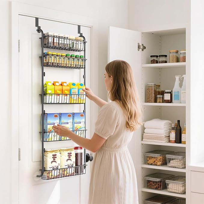 Delamu Over The Door Pantry Organizer, 5-Tier Pantry Door Organizers and Storage with Adjustable Basket, Metal Hanging Spice Rack, Seasoning Organizer, Door Organizer for Home Kitchen Bathroom, Black