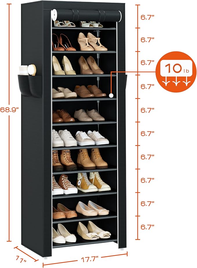 CASAMAYA Shoe Rack with Covers, 10 Tiers Tall Shoe Rack Organizer, Large Capacity Shoe Shelf Storage, Hold 20 Pairs of Shoes, Vertical Shoe Storage Organizer for Closet, Entryway, Black, SRT102B01