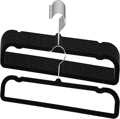 10 Pack Black Velvet Pants Hangers, Felt Plastic Hangers for Space Saving, Flocked Clothing Hanger Heavy Duty Non Slip with 360 Swivel Hook for Coat Jeans Shorts Skirts Tank Top