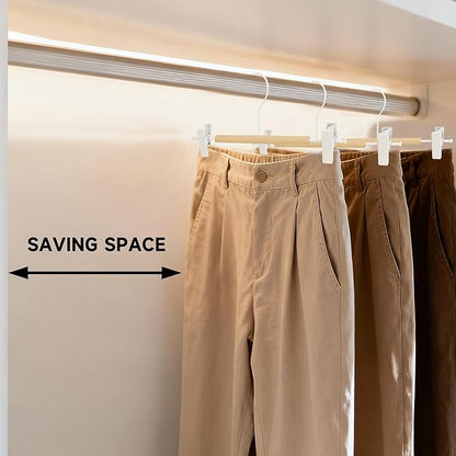 12-Pack Wire Pants Hangers with Adjustable Clips, Premium Wooden Skirt Hangers, Non-Slip Clamp Bottom Hangers for Trousers, Jeans, Shorts & Clothing Organization (White)
