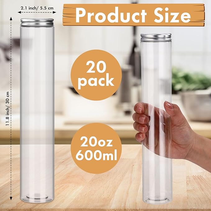 20 Pcs Plastic Jars with Lids 20 oz Plastic Food Storage Jar Spaghetti Containers Cylinder Containers with Screw on Lids for Dry Goods, Spice, Noodles, Spices and More(Silver)