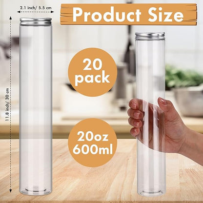 20 Pcs Plastic Jars with Lids 20 oz Plastic Food Storage Jar Spaghetti Containers Cylinder Containers with Screw on Lids for Dry Goods, Spice, Noodles, Spices and More(Silver)