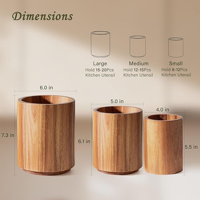 Criusia Utensil Holder 3 Pack, 360° Rotating Acacia Wood Cooking Utensil Crocks for Kitchen Counter, Farmhouse & Modern Decor, (1 Large, 1Medium, 1 Small)