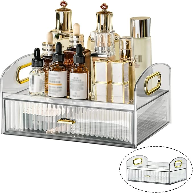 DASITON Vintage striped Makeup Brush holder Organizer,Acrylic Drawers Makeup Organizers,Spacious Cosmetic Display Case,Jewelry Storage,for Vanity,Bathroom,Desk Storage Container（Clear）
