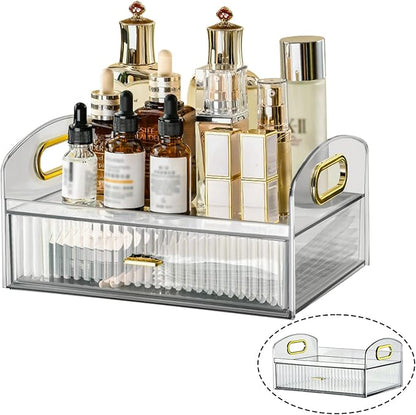 DASITON Vintage striped Makeup Brush holder Organizer,Acrylic Drawers Makeup Organizers,Spacious Cosmetic Display Case,Jewelry Storage,for Vanity,Bathroom,Desk Storage Container（Clear）