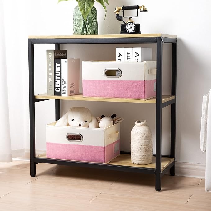 PRANDOM Large Collapsible Storage Baskets for Closet [3-pack] Decorative Fabric Storage Bins Cubes with Leather/Metal Handles for Shelves Bedroom Living Room Pink&Cream (14.9x9.8x8.3 Inch)